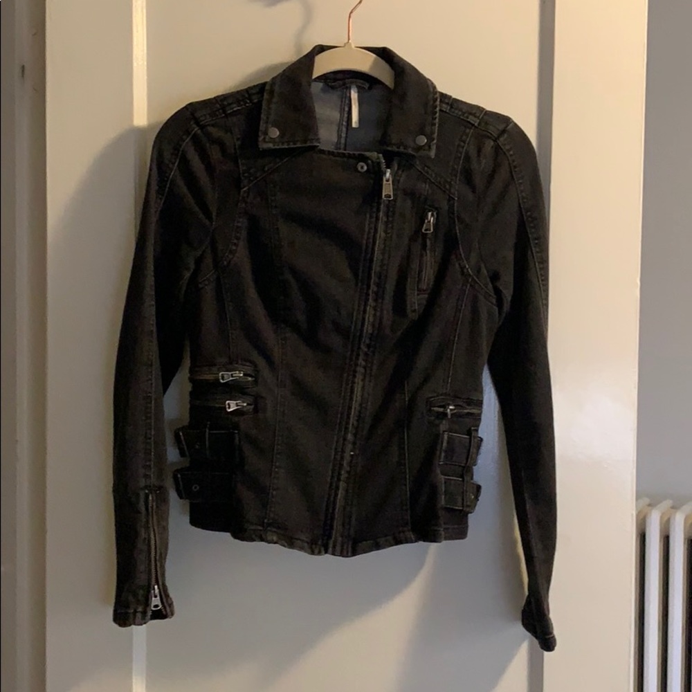 Free People Buckle Zip Denim Moto Jacket - 0